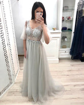 A Line V Neck Short Sleeves Prom Dresses, Long Tulle Prom Gown DMK26